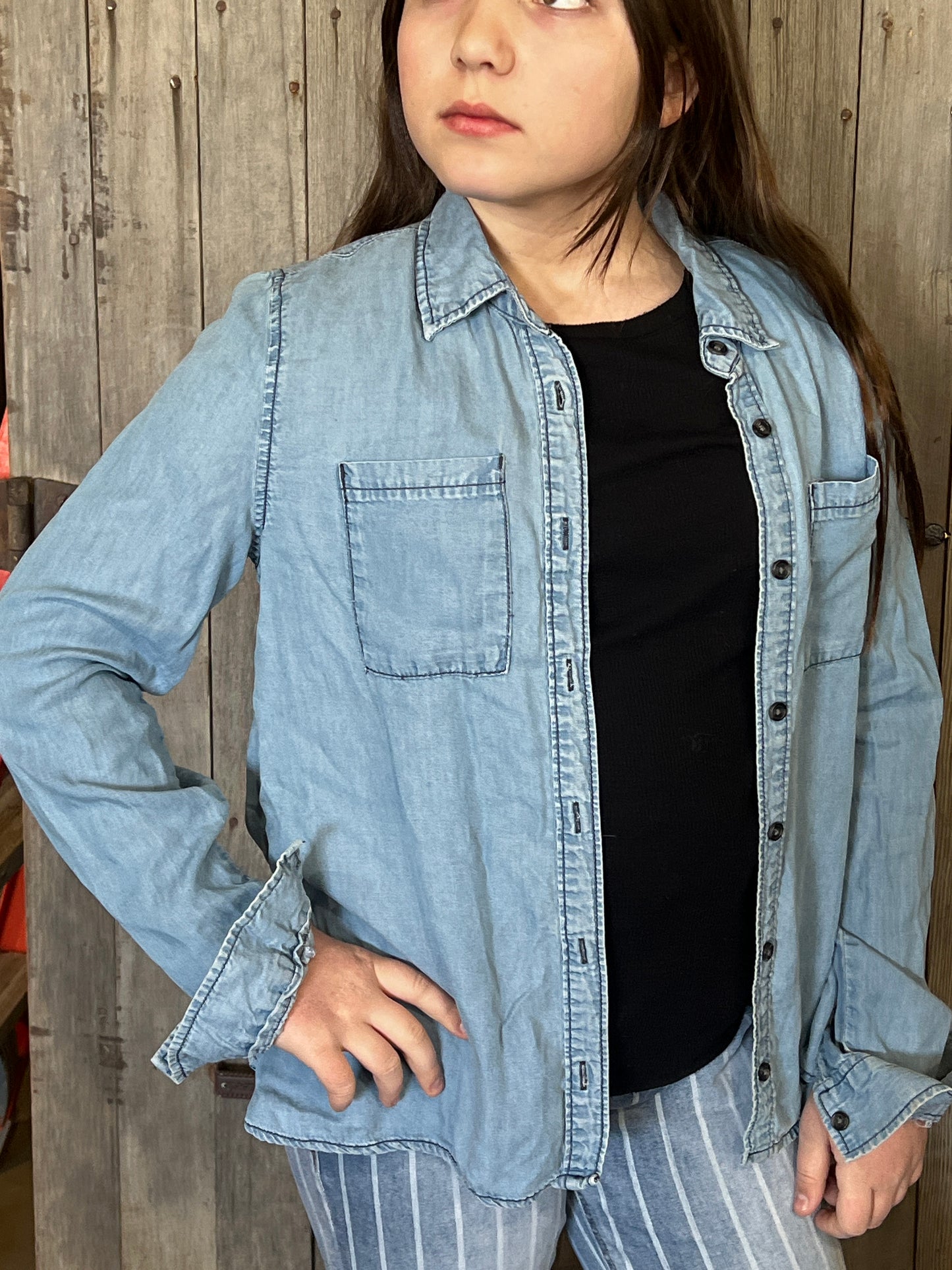 Support your local ranchers button up chambray shirt