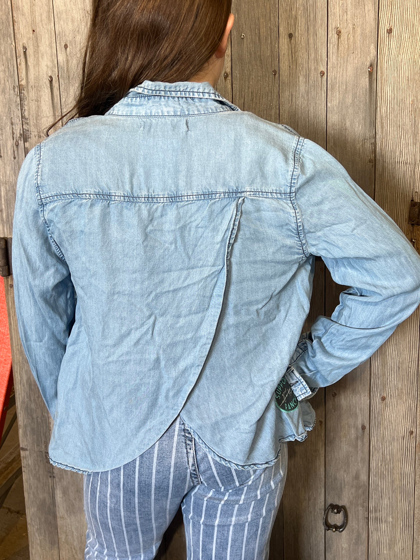 Support your local ranchers button up  chambray shirt