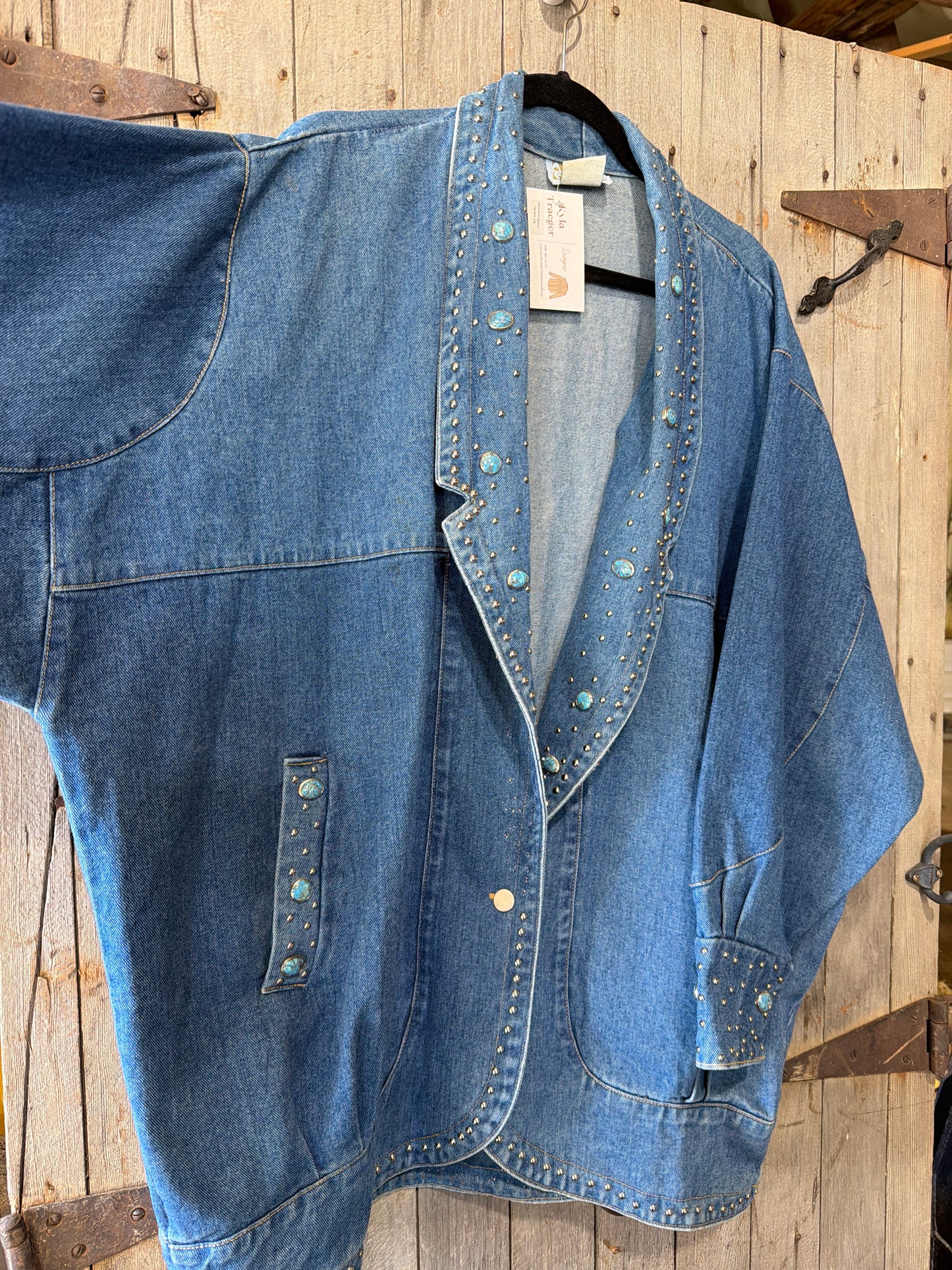 Denim and Faux Turquoise Studded Blazer Jacket 2XL