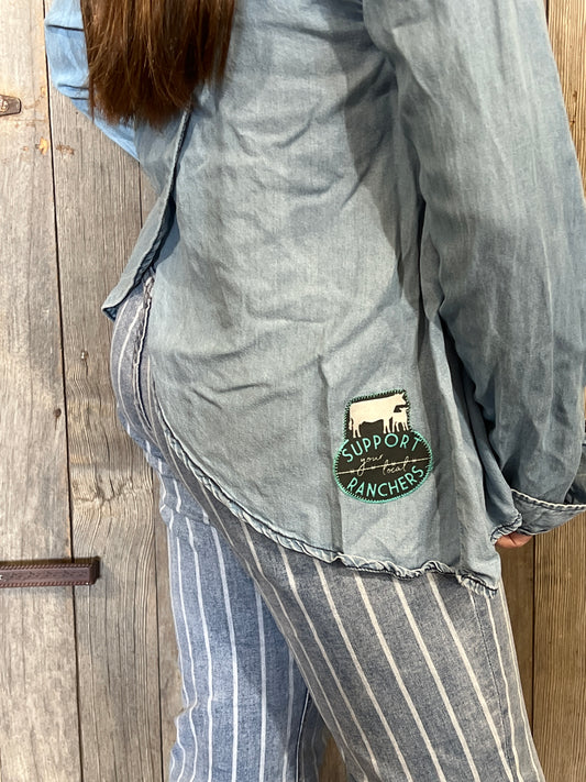 Support your local ranchers button up  chambray shirt