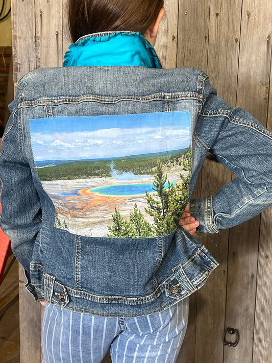Jean jacket with leather collar
