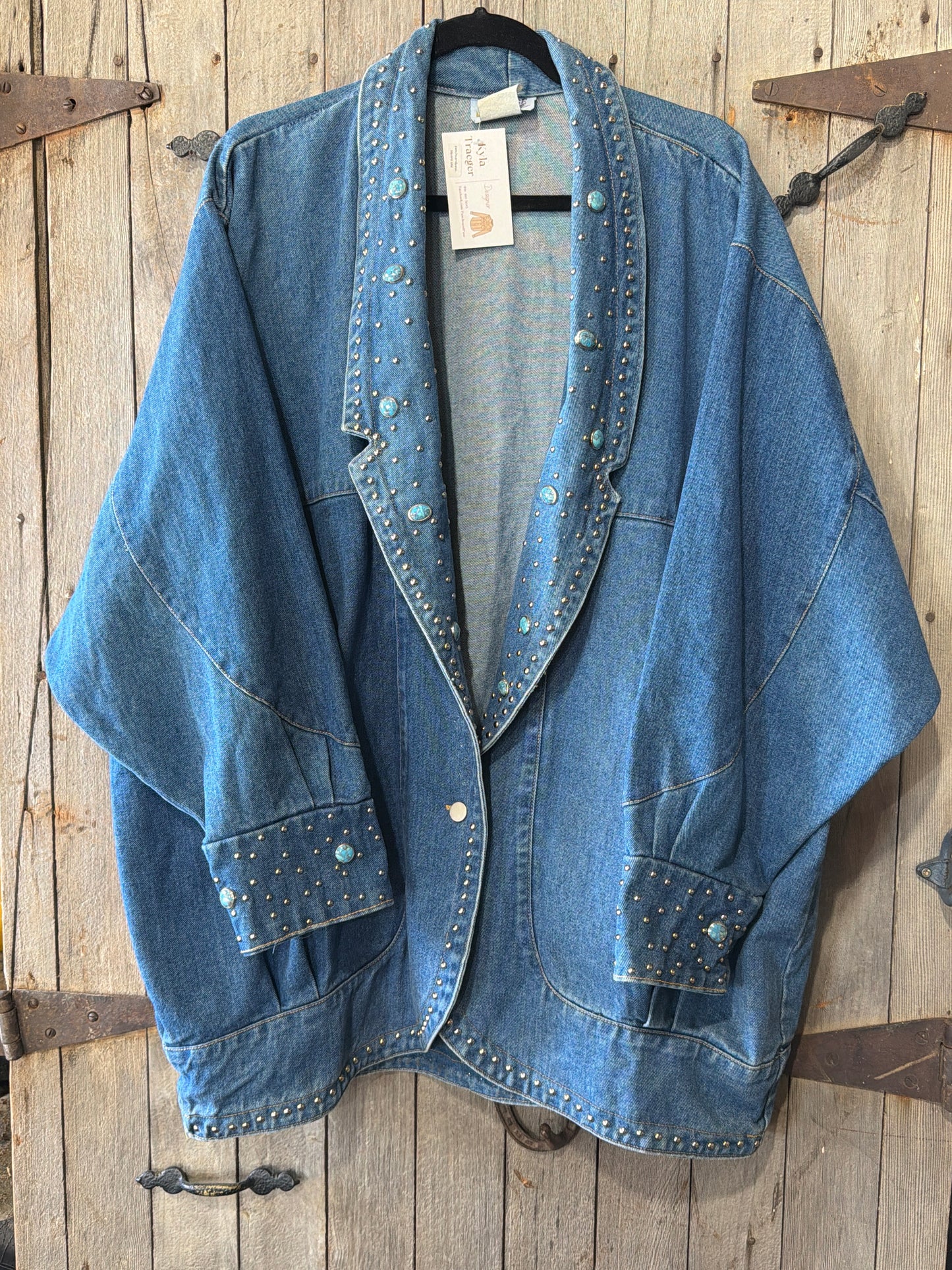 Denim and Faux Turquoise Studded Blazer Jacket 2XL