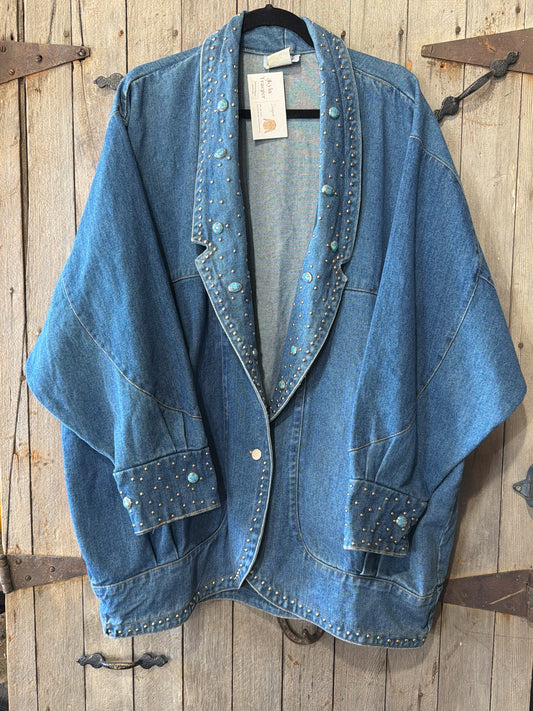 Denim and Faux Turquoise Studded Blazer Jacket 2XL