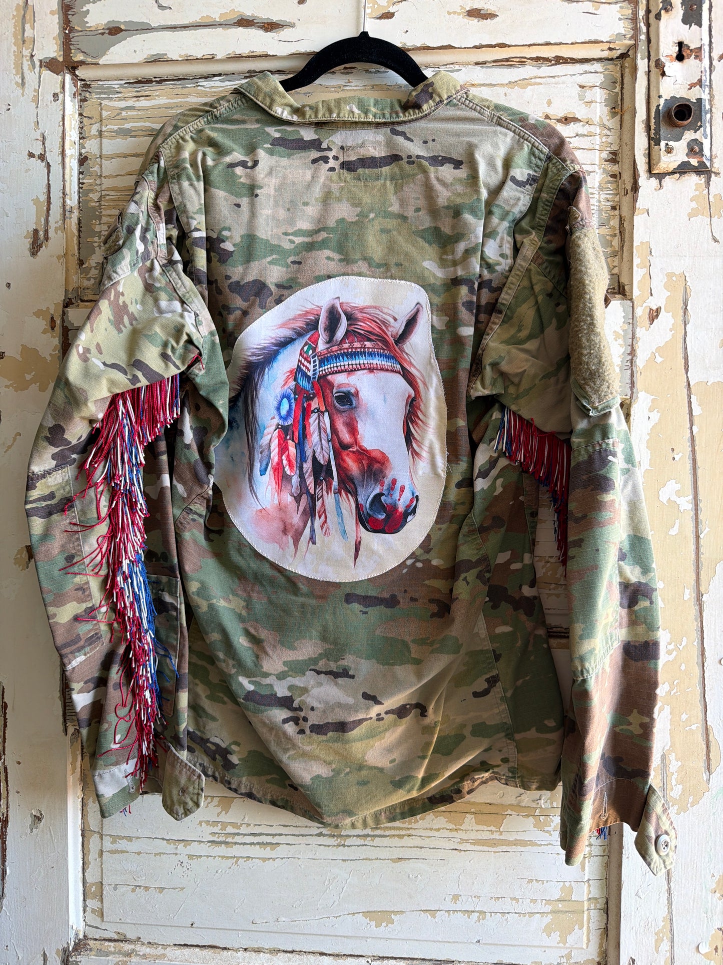 Red white and blue fringe Camo horse Jacket -L