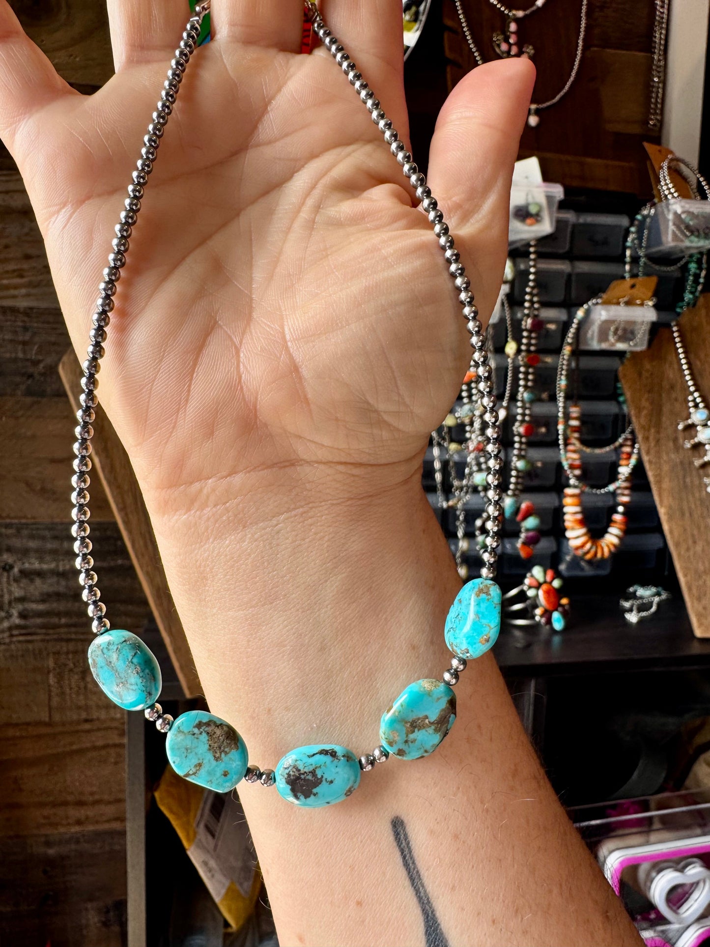 15-Inch Flat Blue Turquoise & Sterling Silver Pearl Choker